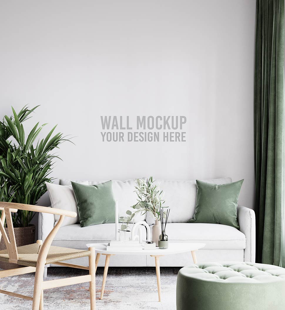 موکاپ دیوار در نمای داخلی منزل با تم رنگی سبز و سفید