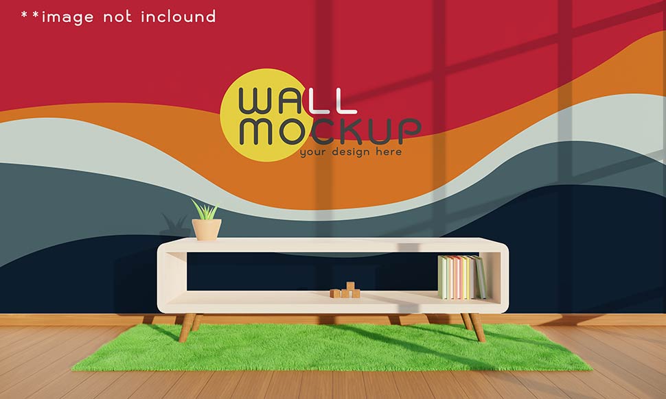 موکاپ دیوار رنگی در نمای داخلی خانه با دکور میز تلویزیون