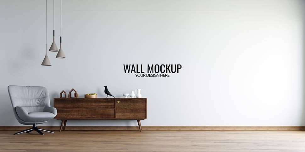 موکاپ دیوار عریض سفید با سبک مینیمال چیدمان منزل با صندلی راحتی و آباژور و میز چوبی جذاب