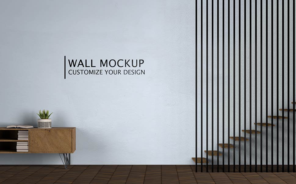 موکاپ دیوار با نمای میز چوبی کوچک در خانه دوبلکس مدرن