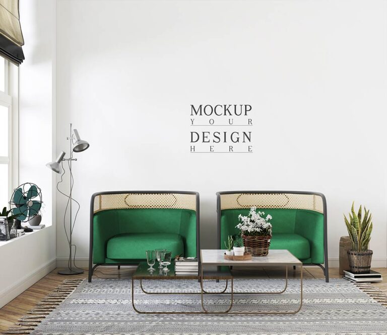 موکاپ دیوار در خانه مینیمال لوکس و مدرن با مبلمان سبز و دکور مدرن و مینیمال