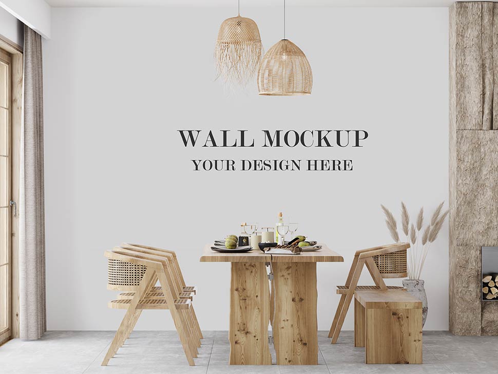 موکاپ دیوار منزل با دکور سبک ایتالیایی در نمای میز ناهارخوری چوبی و لوسترهای حصیری