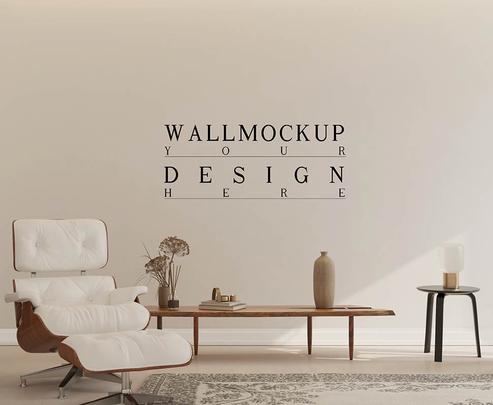 موکاپ دیوار در دکور مینیمال خانه به سبک مدرن همراه با صندلی راحتی سفید چرمی و میز چوبی کوتاه