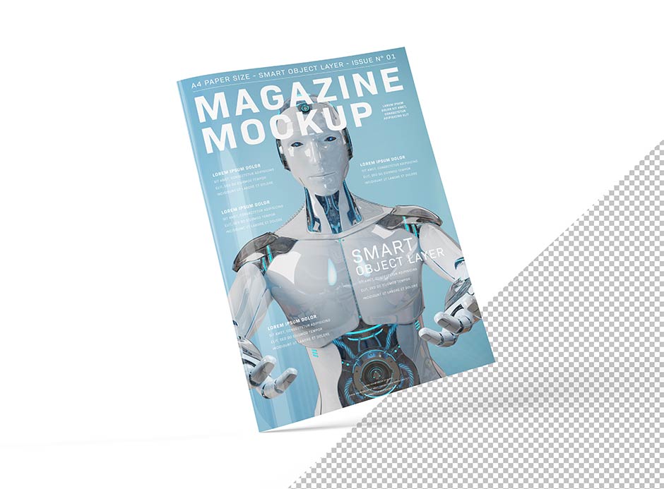 موکاپ جلد مجله علم و فناوری با عکس روبات هوشمند در بکگراند روشن با قابلیت تغییر رنگ