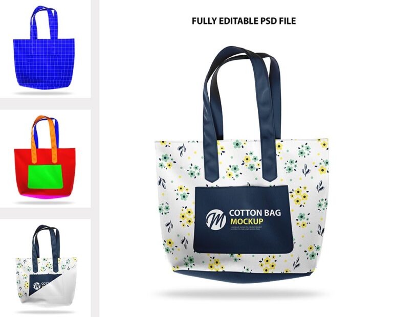 موکاپ ساک پارچه ای با سایز متوسط با طرح گل های ریز رنگی کوچک