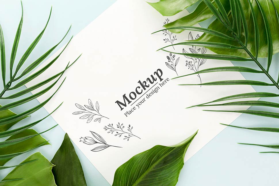 موکاپ کاغذ مربعی قرارداده شده روی زمین آبی روشن و احاطه شده با برگ سبز گیاهان خاص