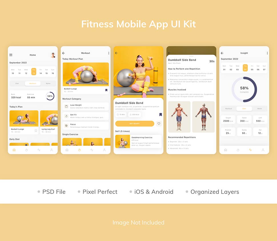 کیت طراحی اپلیکیشن آموزش حرکات ورزشی با تم رنگی زرد