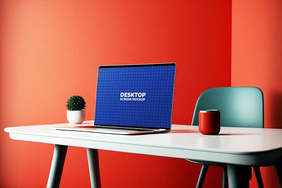 موکاپ صفحه مانیتور لپ تاپ روی میز در فضای مینیمال با دیوار قرمز و صندلی آبی