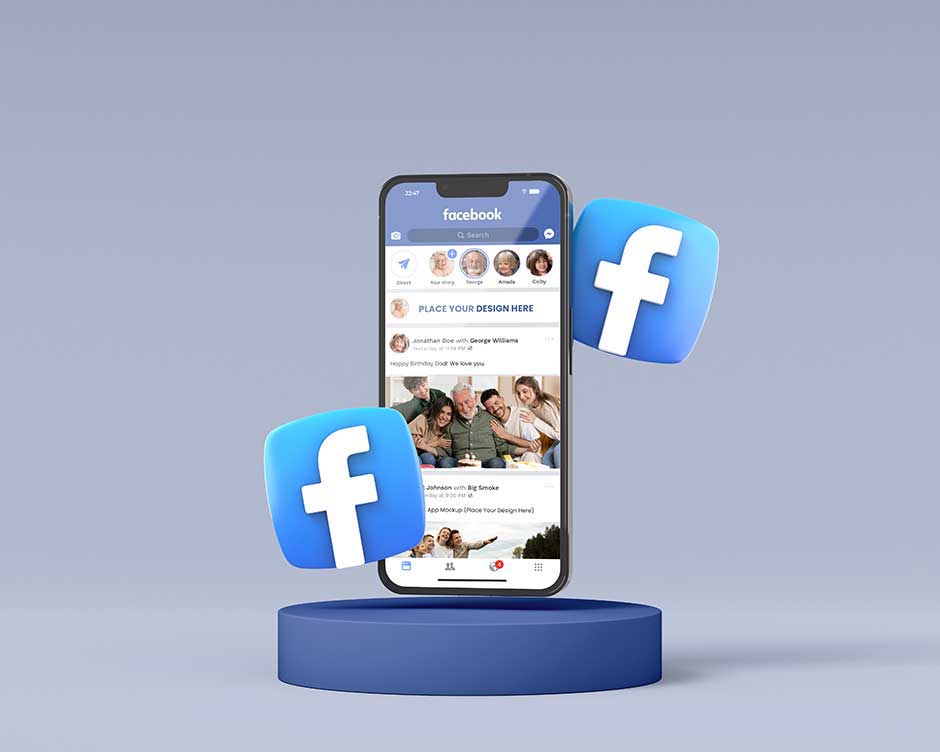 موکاپ معرفی صفحه فیسبوک در گوشی قرار گرفته روی سکو همراه با المان سه بعدی فیسبوک