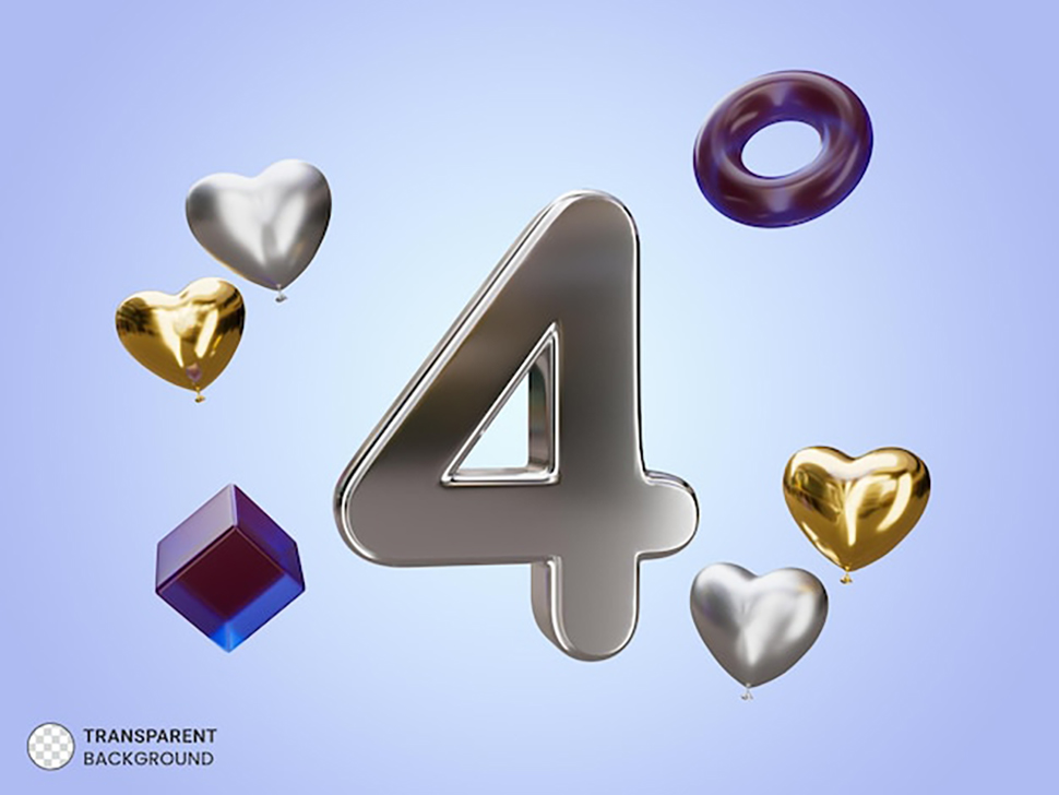سه بعدی عدد چهار به همراه قلب طلایی و نقره ای