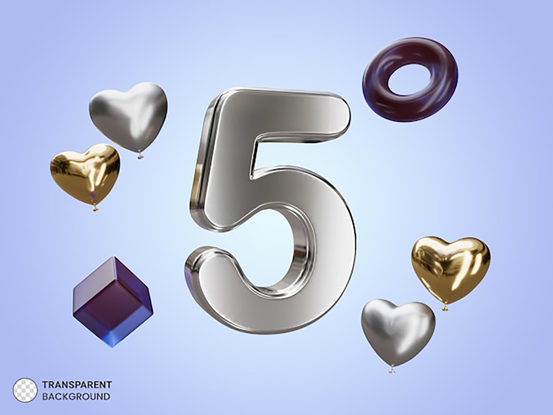 سه بعدی عدد پنج و قلب های طلایی و نقره ای